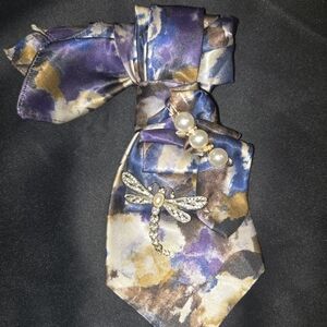 Elegant Purple and Gold Necklace Tie with Dragonfly Brooch